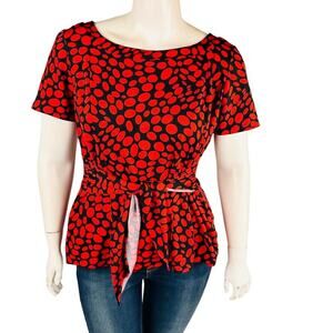 Vtg KSL Womans Sz 20W Blouse Red Polka Dots Tie Front Short Sleeve‎ Stretch